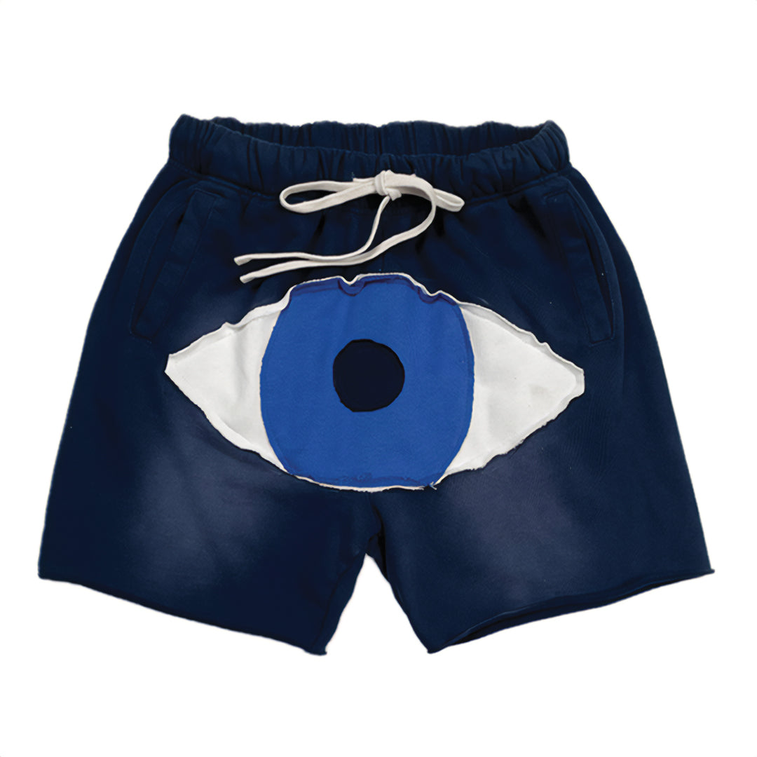 Shorts Lounge en Coton Délavé Patchwork Œil sur Devant Détail Décontracté Unisexe Idéal Quotidien