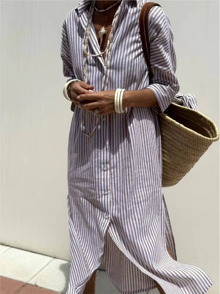 Robe Chemisier À Rayures À Manches Longues Pour Femme Élégante Et Polyvalente Jour Et Nuit