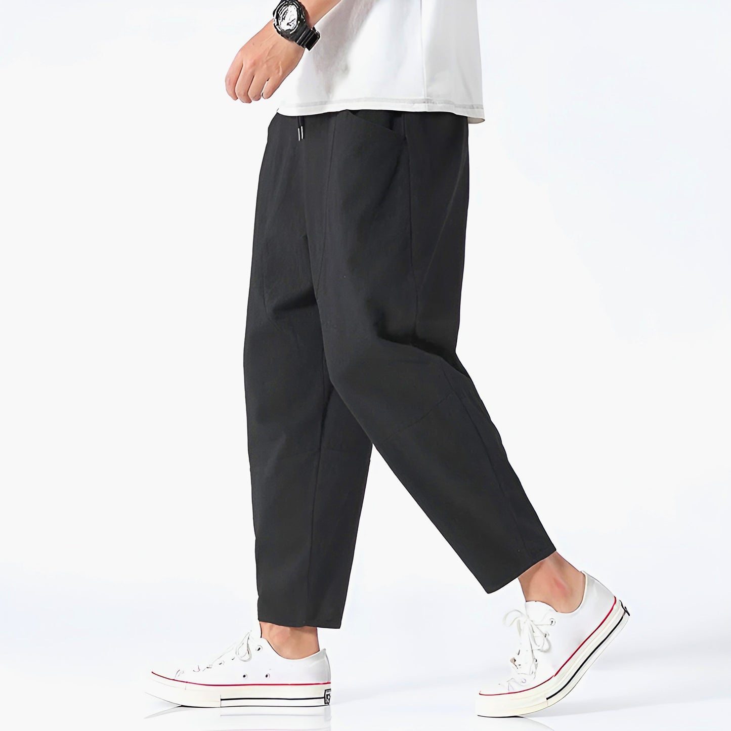 Pantalon Cropped En Coton Lin Respirant À Taille Ajustable Par Cordon Coupe Décontractée Et Moderne