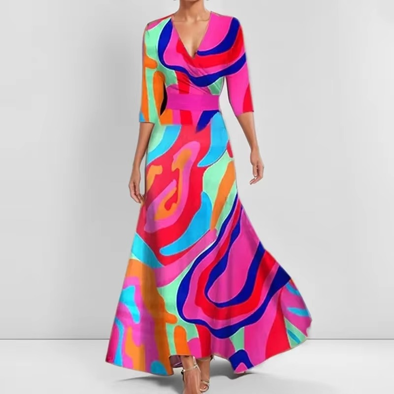 Robe Longue Imprimée À Plis Avec Encolure V Élégante Pour Femme Moderne Idéale Pour Sorties