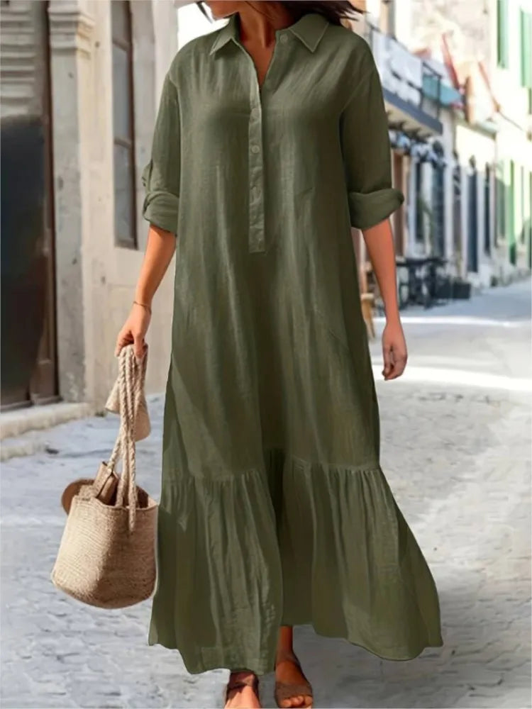 Robe Maxi Chemise Laura à Plis en Coton 100 pour Femme Amawinc Respirante et Polyvalente du Quotidien aux Occasions