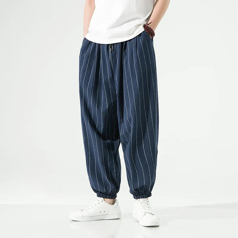 Amawinc Pantalon Homme Coton Premium À Rayures avec Détails Pinstripe et Ceinture Élastique