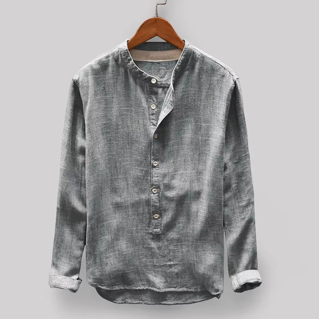 Chemise Homme Modèle 2025 Lin Coton Uni Manches Longues Style Japonais Pour Bureau Et Week End Confortable