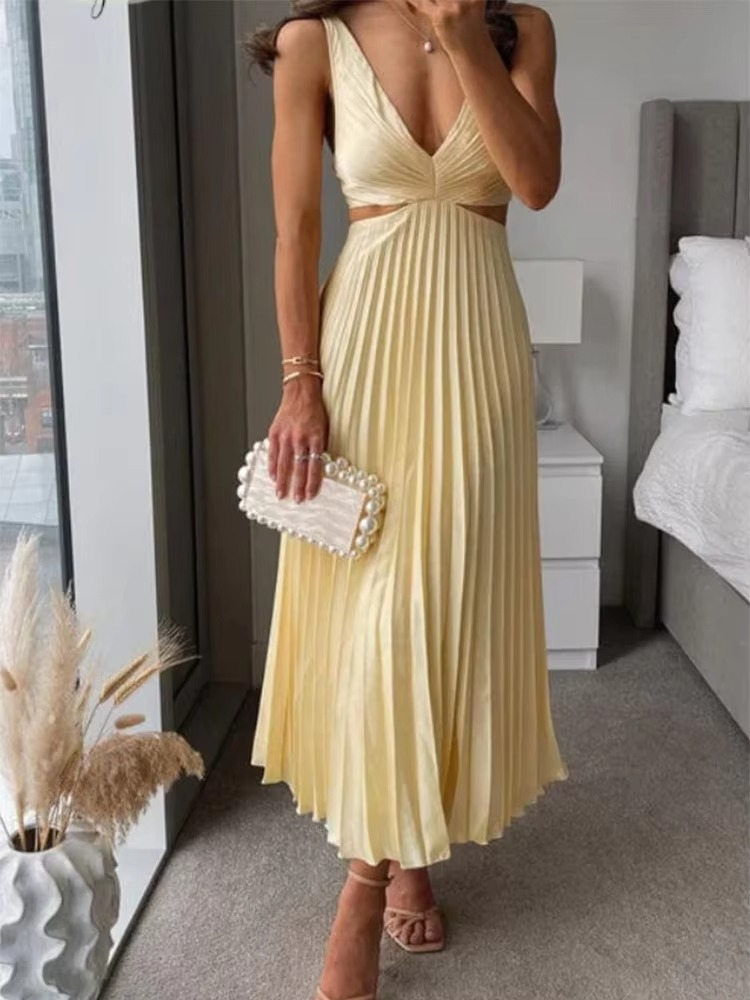 Robe Maxi Sans Manches Élégante Été Décolleté Profond En V Plissé Taille Haute Confortable