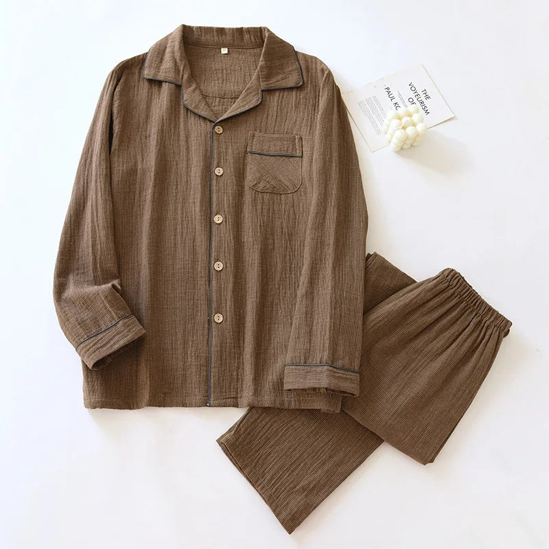 Pyjama Deux Pièces Ora En Mousseline De Coton Doux Oversize Manches Longues Et Jambes Longues Motif Carreaux Subtil Chaud