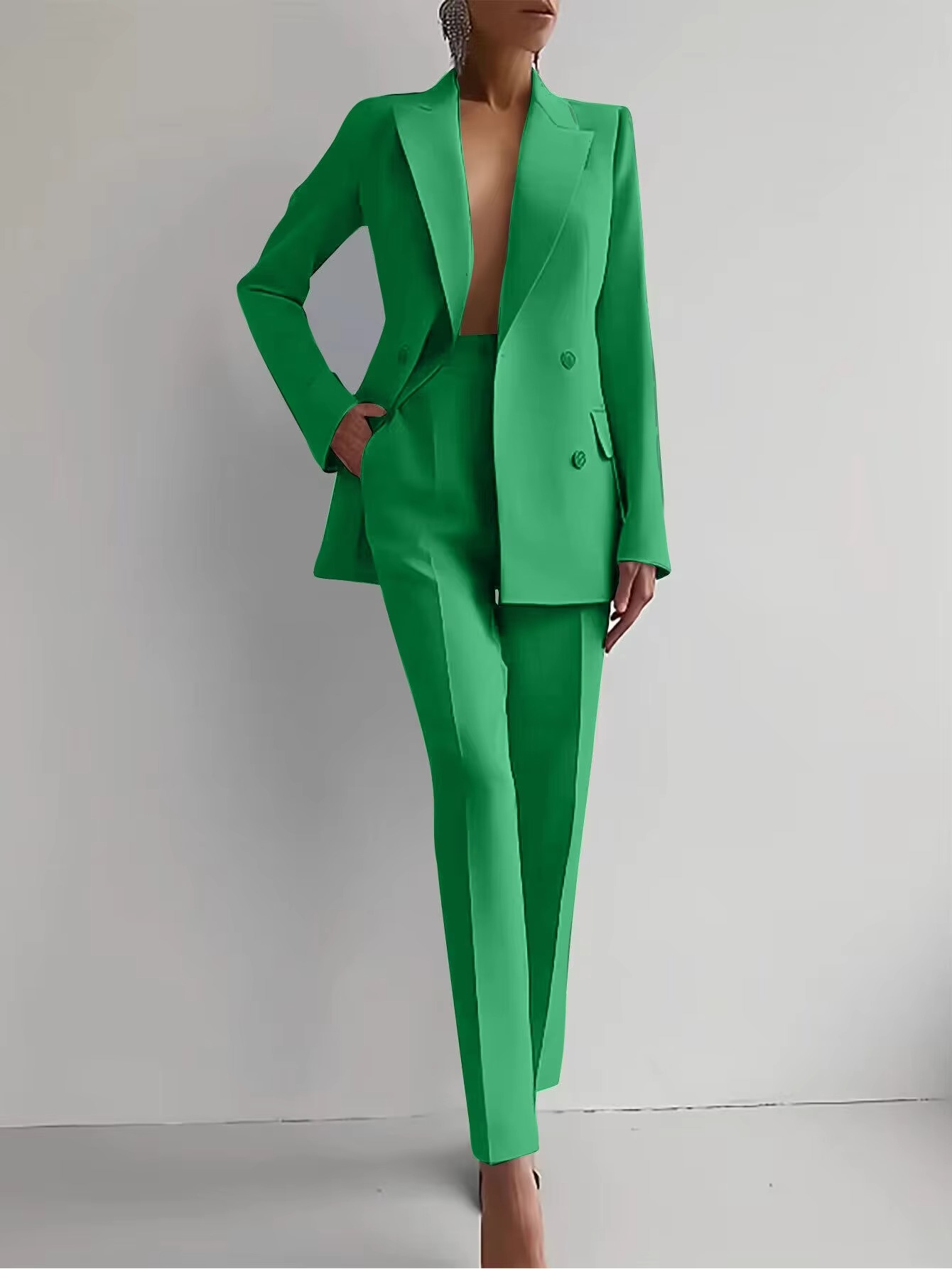 Ensemble Blazer Femme Et Pantalon Taille Haute Deux Pièces Couleur Unie Amawinc Élégant
