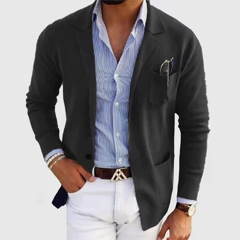Veste Cardigan Tricot Pour Homme Couleur Unie Avec Col Revers Et Poches Multiples