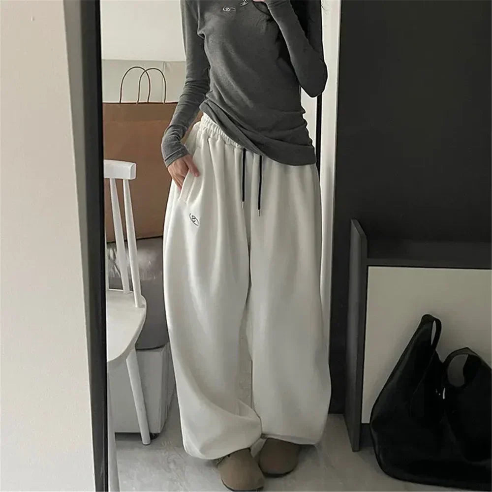 Pantalon de Survêtement Femme Oversize À Jambe Large En Coton Doux Taille Élastique Ajustable