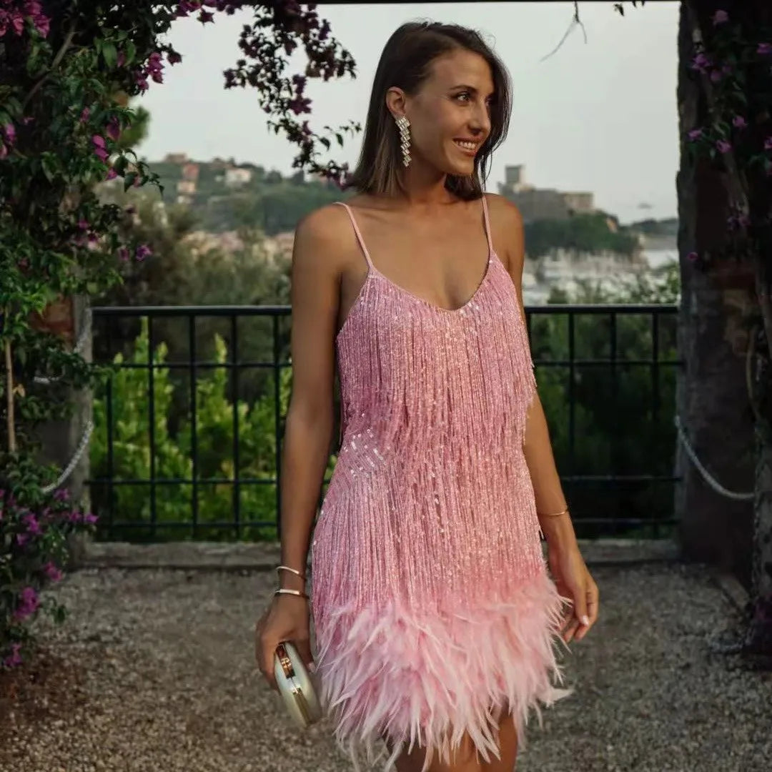 Lily Robe de Cocktail Pour Femme Or Champagne Avec Franges En Plumes et Paillettes Éclatantes