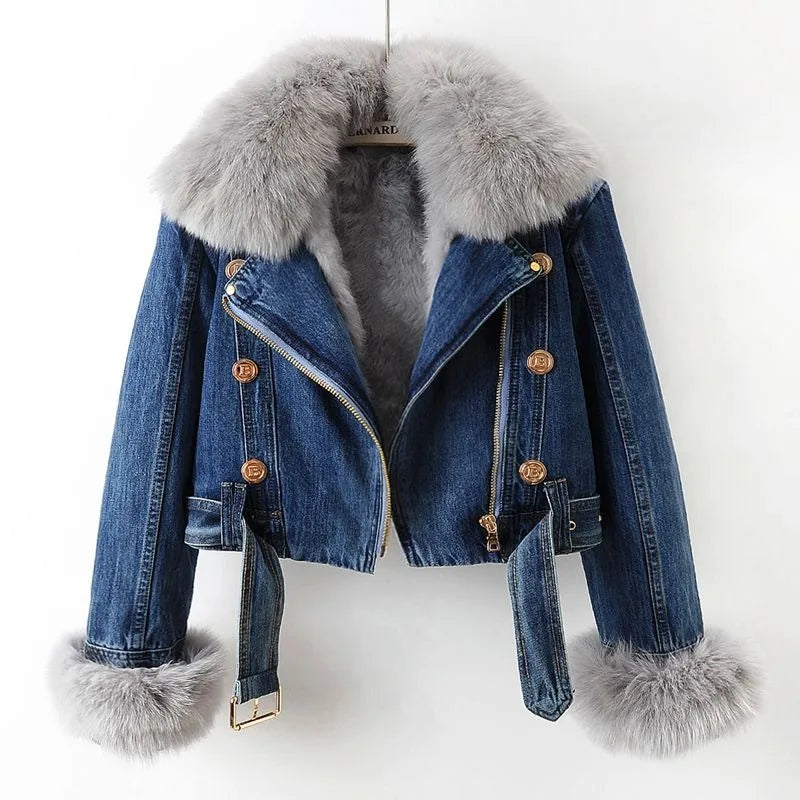 Roxanne Veste En Denim Épais Avec Col Amovible Et Poignets En Fourrure De Renard Doublure Isolante Moderne