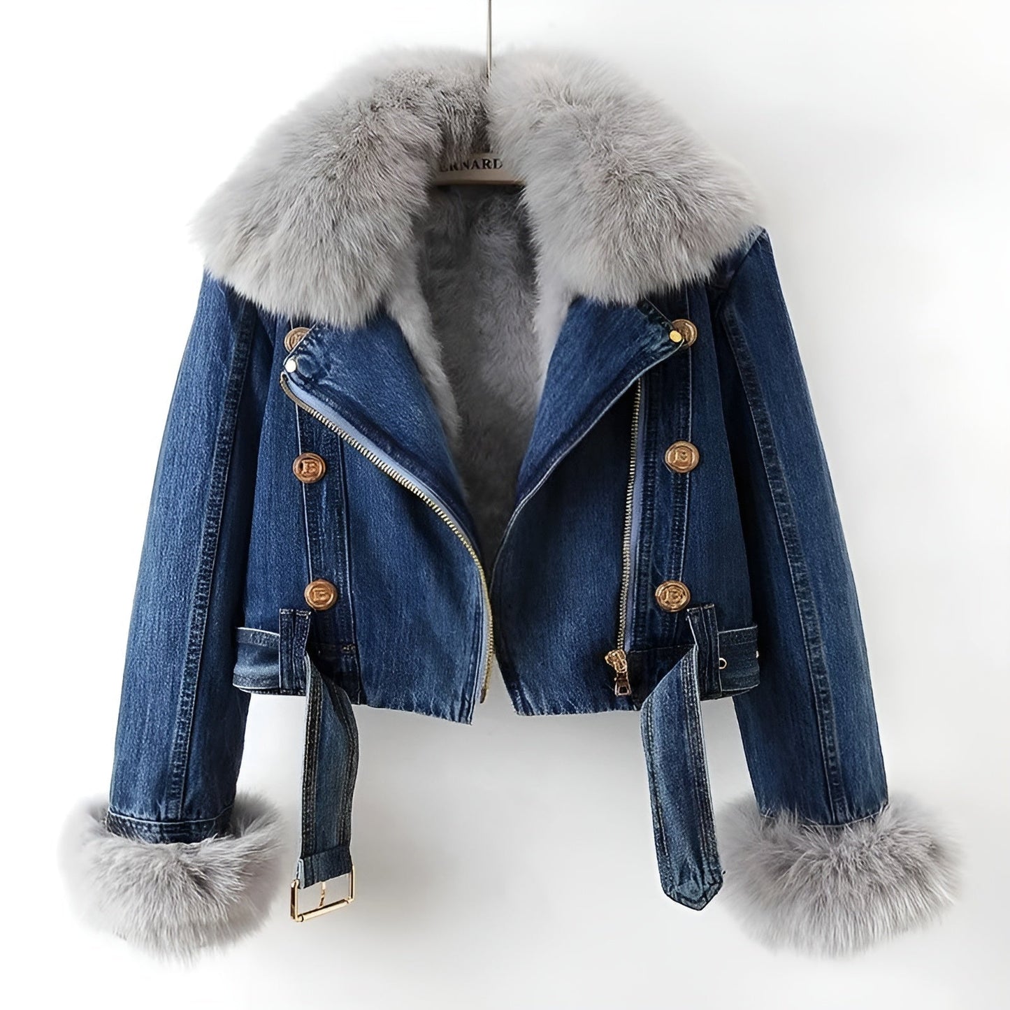 Veste Denim Biker Avec Col Fourrure Amovible Or Boutons Dorés Style Classique Pour Femme Moderne