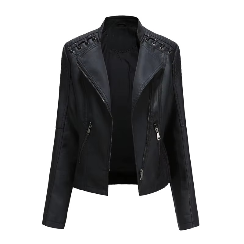 Veste Moto Femme En PU Cuir Court Slim Avec Fermeture Éclair Polyvalente 12 Couleurs