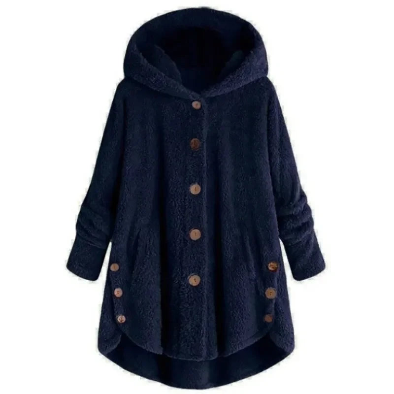 Veste Polaire Pour Femmes Coupe Décontractée Capuche Devant Boutons Texture Peluche Poches