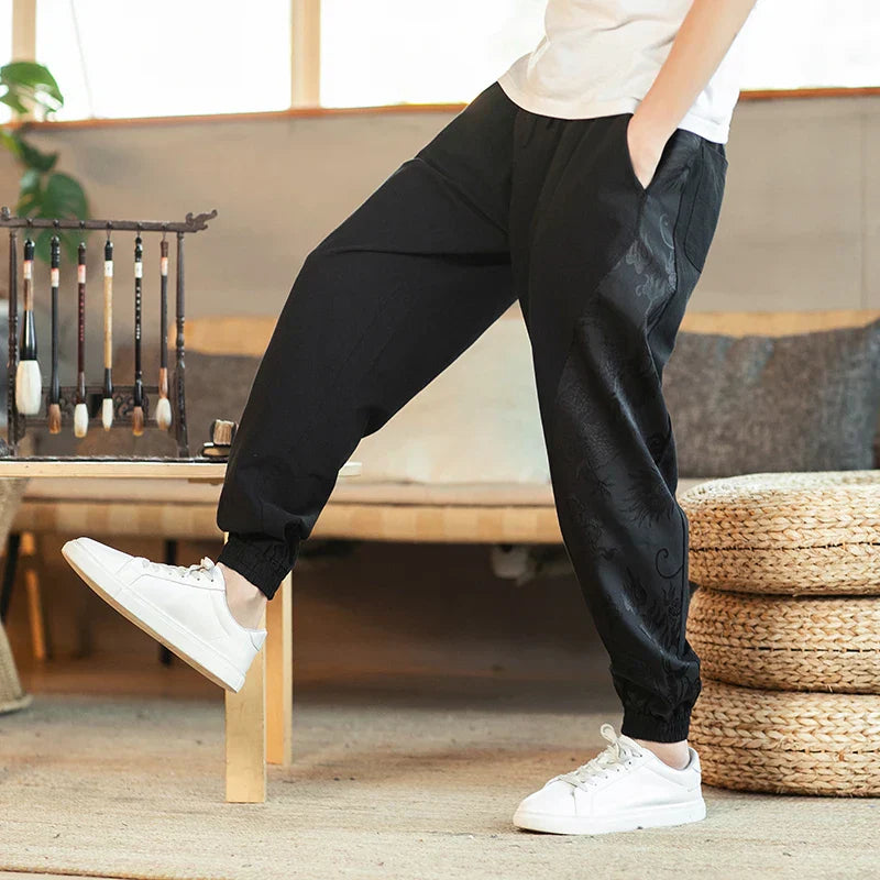 Pantalon Harem Tatsu Avec Dragon Japonais Sur Les Côtés En Coton Lin Respirant Confortable