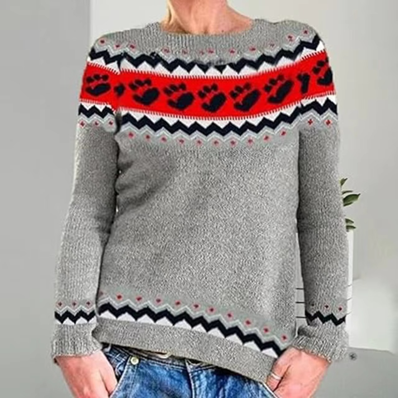 Pull Femme Bicolore Décontracté En Maille À Col Rond Manches Longues Pour Quotidien Chic Confortable