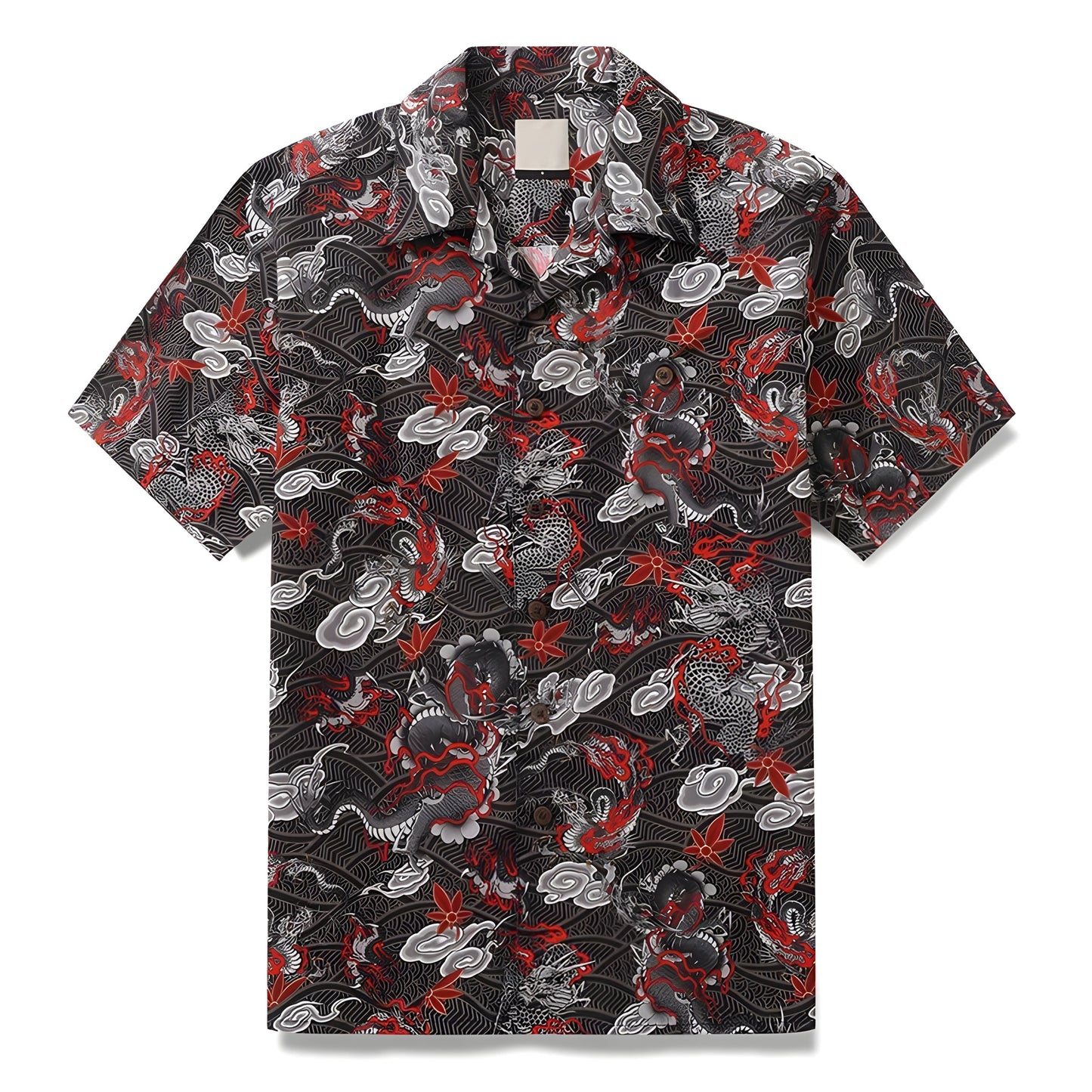 Chemise Imprimée Dragon Oriental En Coton Respirant Avec Col Revers Et Manches Courtes