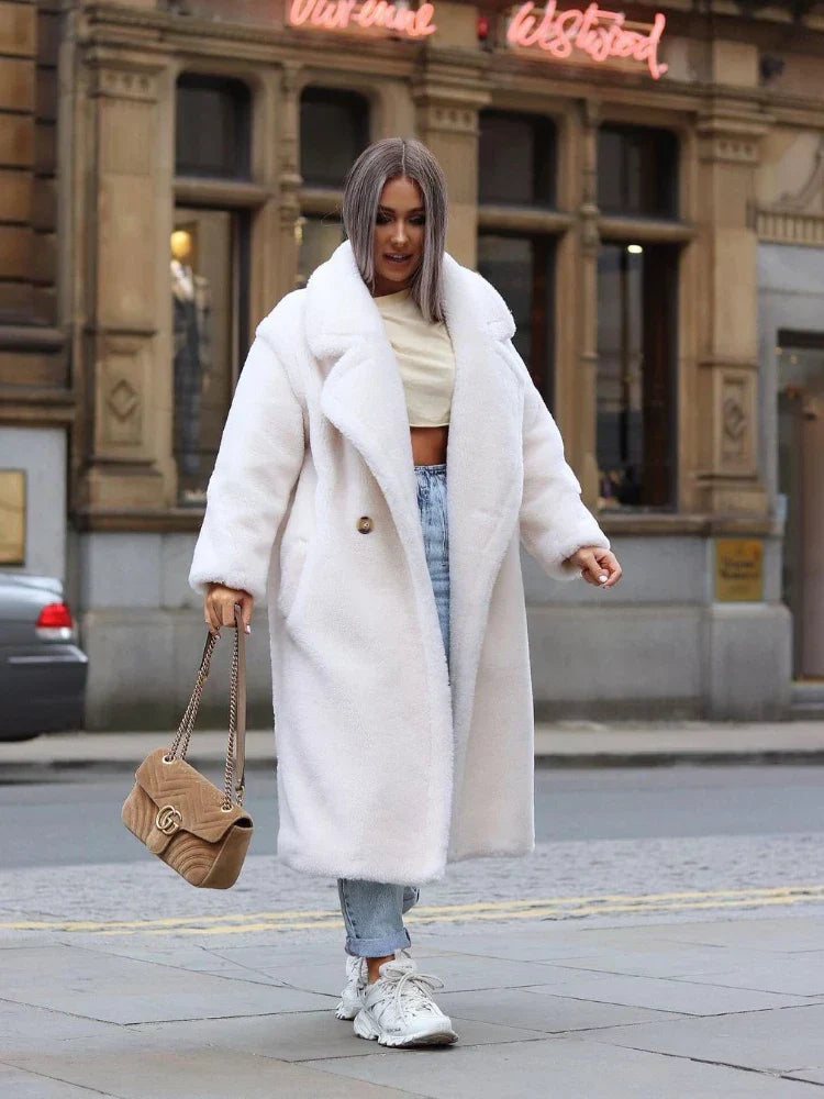Manteau Longline pour Femmes avec Coupe Décontractée Texture Pelucheuse Longueur Mi Mollet Automne Hiver