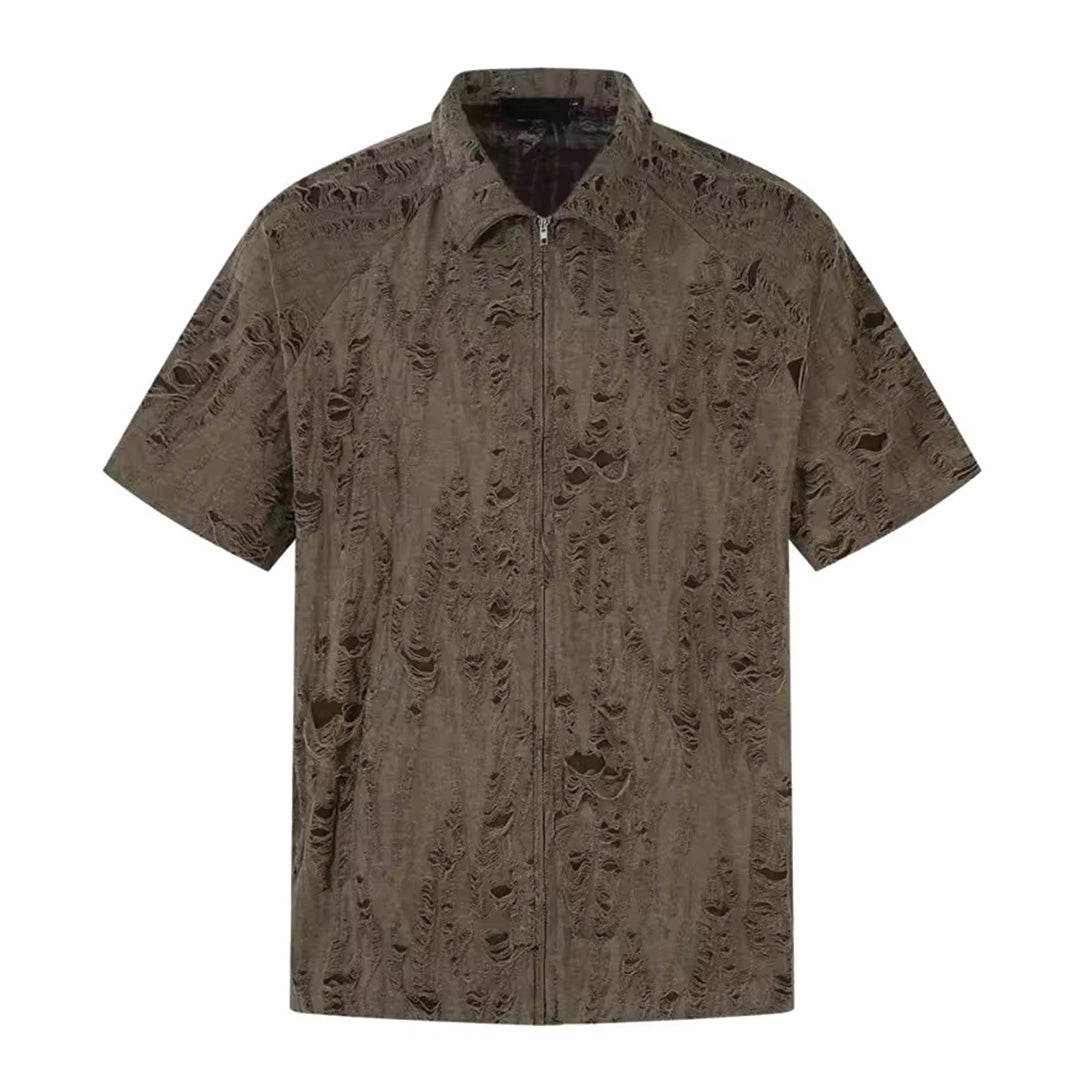Chemise Motif Débris En Coton Mélangé Avec Fermeture Éclair Et Texture Étagée Effet Érosion Subtil