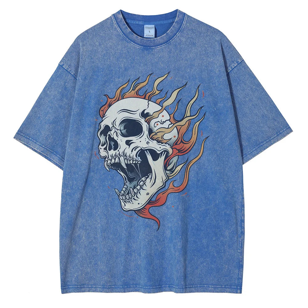 Amawinc Tee Shirt Crâne Enflammé Acid Wash Oversize Poids Lourds Graphique Flamme En Coton 100 Pourcent
