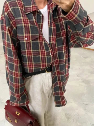 Chemise Oversized À Carreaux Pour Femme Manches Longues Avec Boutons Poches Poitrine Amawinc