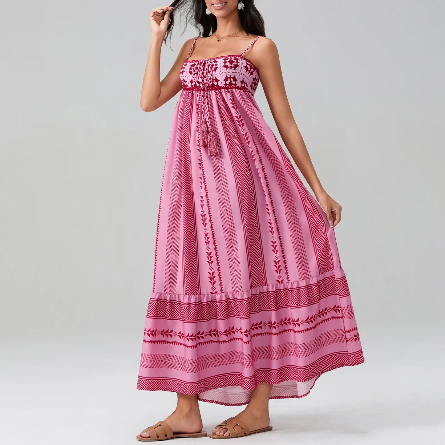 Robe Maxi Marisol Rose En Cascade Pour Été, Confort Léger Et Respirant, Amawinc Chic