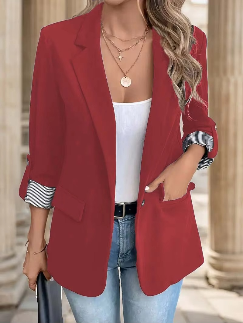 Blazer Décontracté Cintré Pour Femmes À Manches Roulées Et Devant Boutonné Pour Style Quotidien