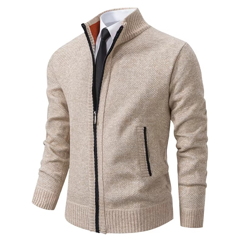 Cardigan Homme Doublé Polaire Avec Col Montant À Fermeture Éclair Chaud Pour Automne Et Hiver Décontracté