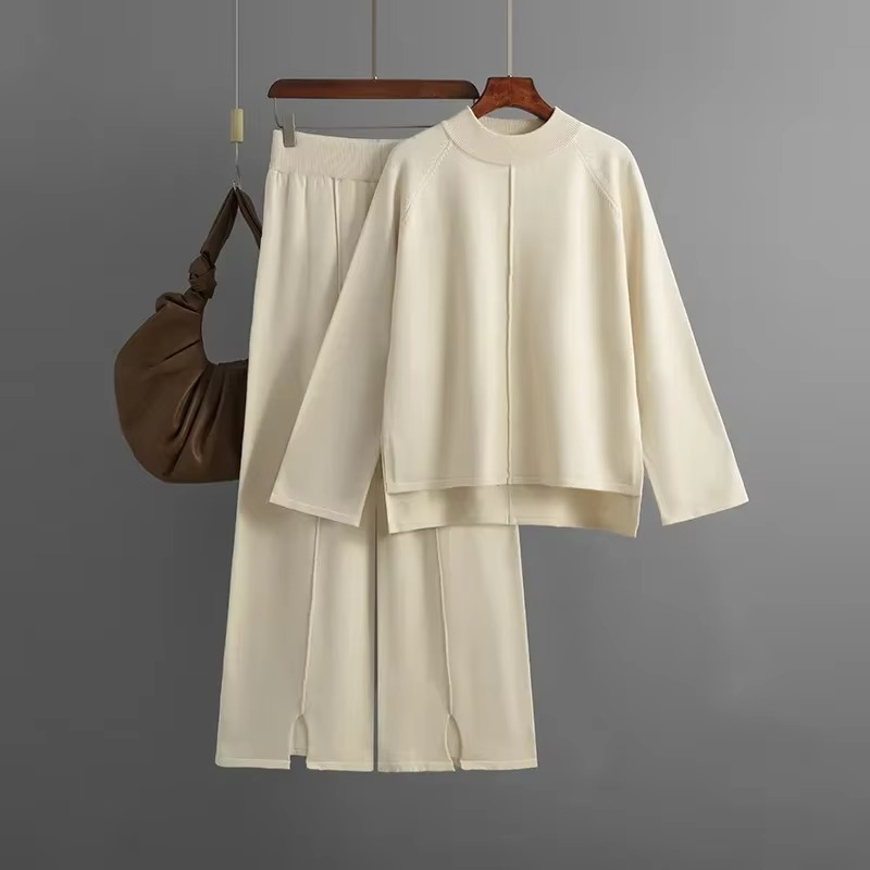 Ensemble Deux Pièces Pull Confort En Maille Et Pantalon À Jambe Large Pour Femmes Chaud Et Élégant