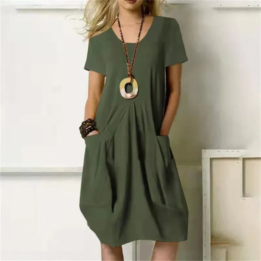 Robe D'Été Femme Sharon Confortable En Mélange Coton Lin Respirant Coupe Décontractée Genou