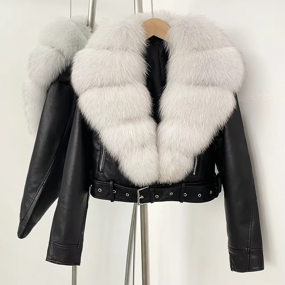 Manteau Femme en Cuir Synthétique avec Col en Fourrure Fausse Élégante Chaleur pour la Saison Froide