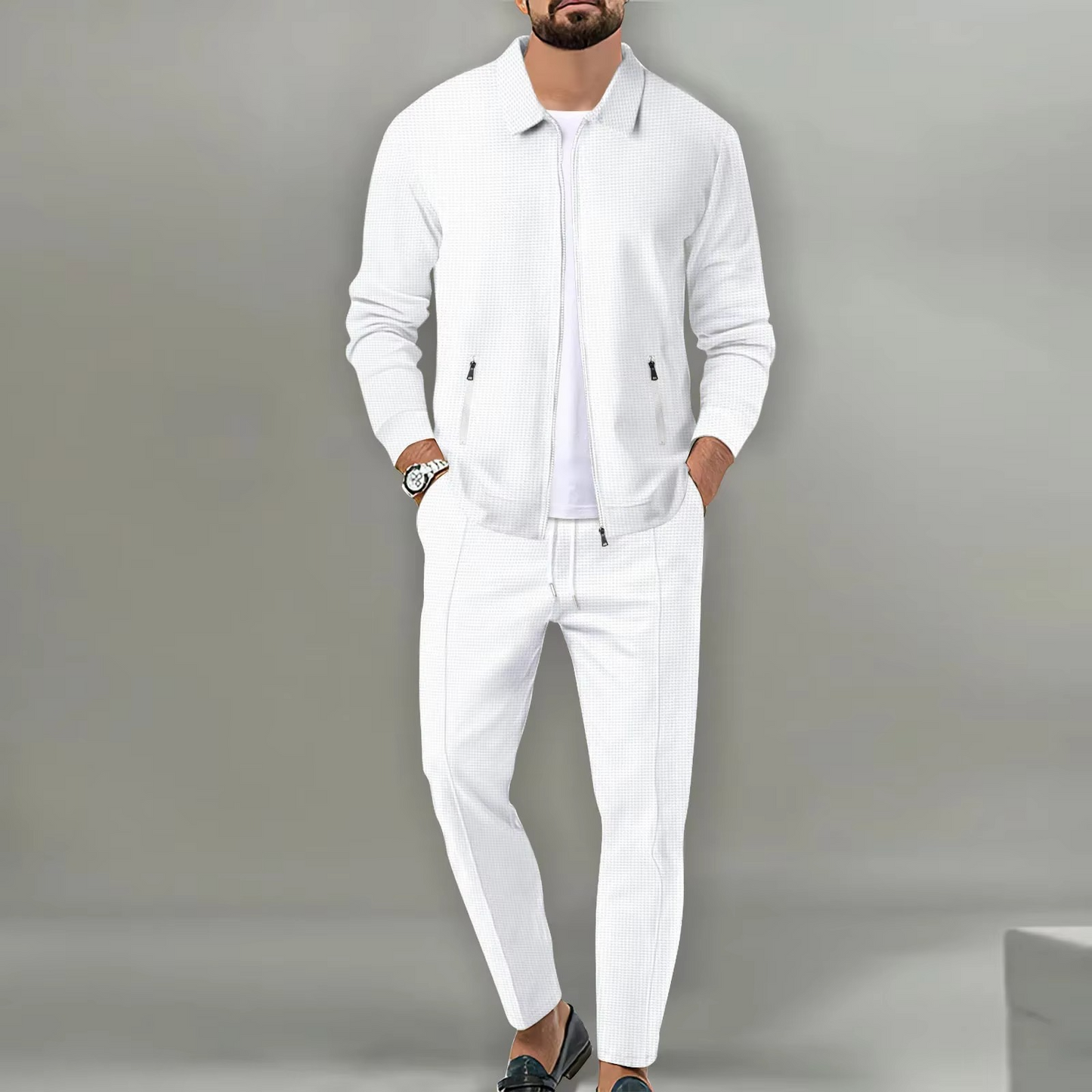 Ensemble Homme Deux Pièces Veste Chemise Polo À Manches Longues Pantalon À Cordon Confort Quotidien