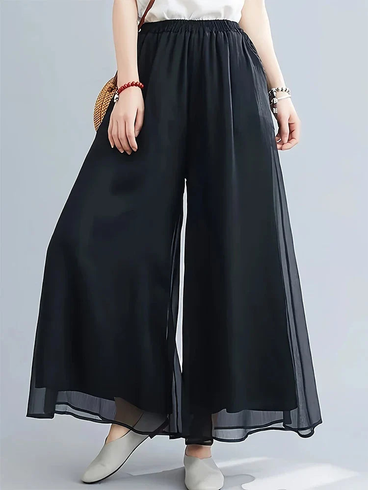 Pantalon En Mousseline Voilée Double Couche Avec Ourlet Diaphane Et Évasé Fluide Jusqu A La Cheville