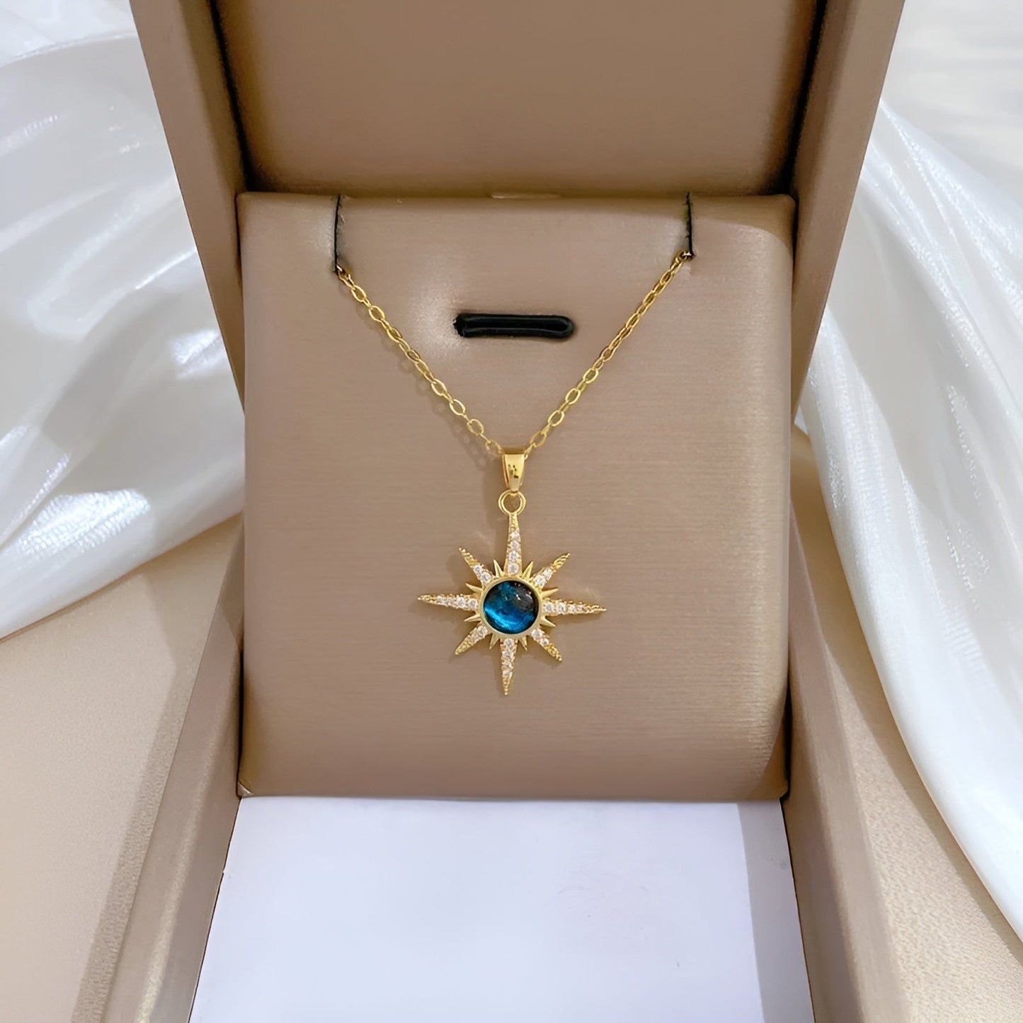 Collier Or Plaqué Acier Inoxydable Avec Aigue Marine et Cristaux Chaîne Câble Longueur 17 Pouces
