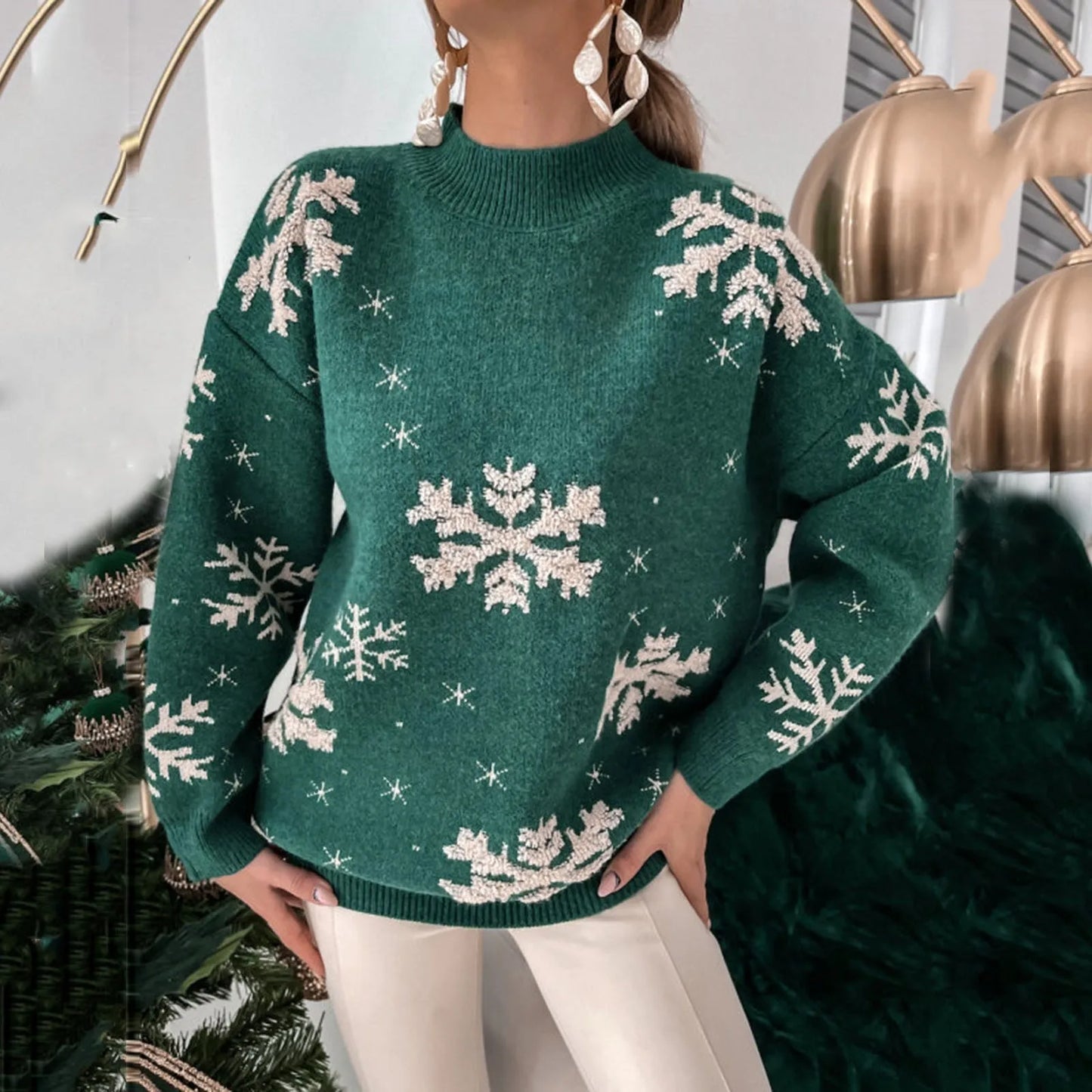 Pull de Noël Ultra-Doux avec Col Montant et Motif Flocons de Neige Lavable en Machine