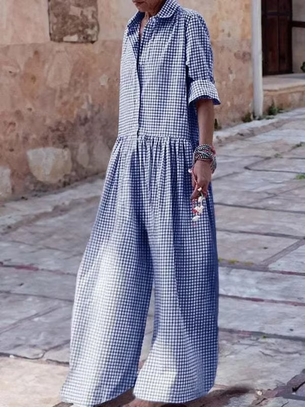 Combinaison Femme À Carreaux À Pantalon Large Avec Revers Élégante Et Confortable