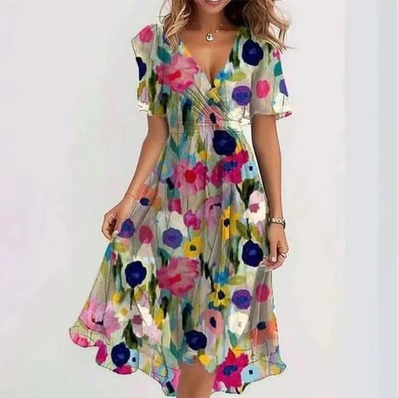 Robe Été Décontractée À Encolure V Imprimé Floral Ample Pour Femme Manches Courtes Confortable Et Respirante