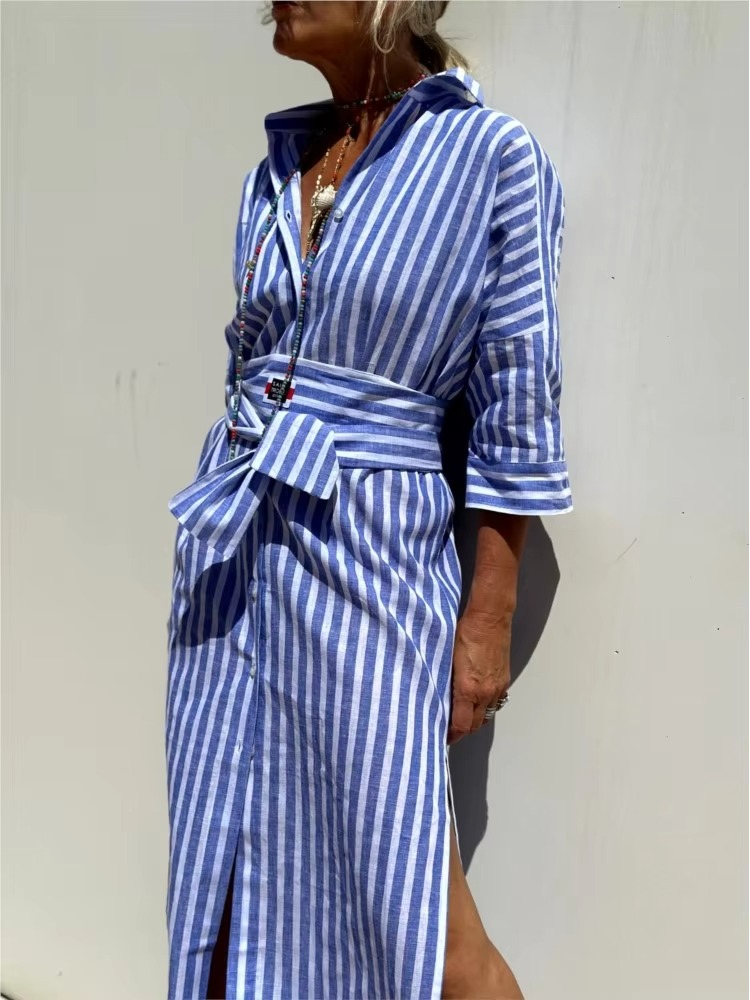 Robe Chemisier À Rayures À Manches Longues Pour Femme Élégante Et Polyvalente Jour Et Nuit