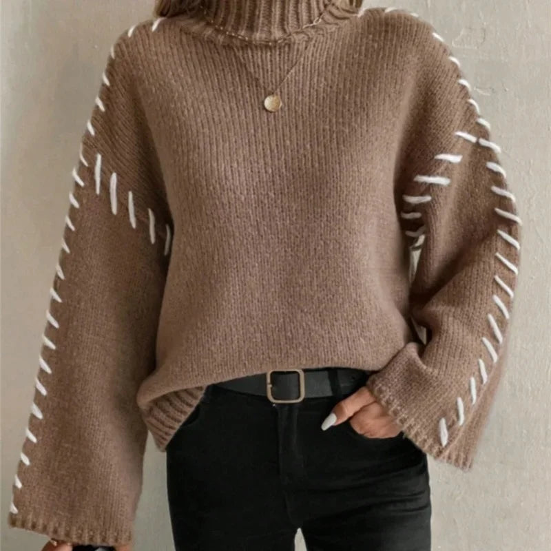 Pull En Maille Carmine Col Montant Confort Décontracté Avec Couture Contrastée Sur Les Manches