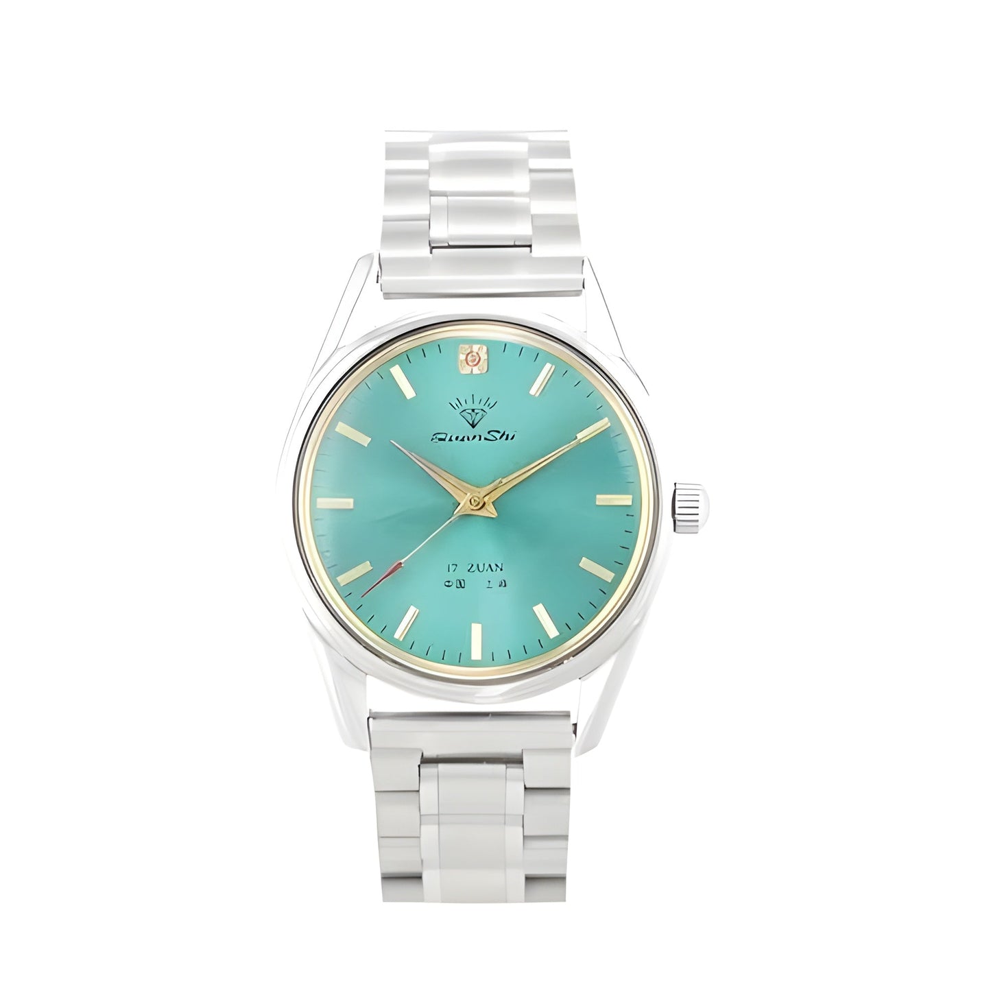 Montre Mécanique Cadran Soleil Bleu Aqua Repères Dorés En Acier Inox Poli Avec Bracelet Acier Ou Cuir