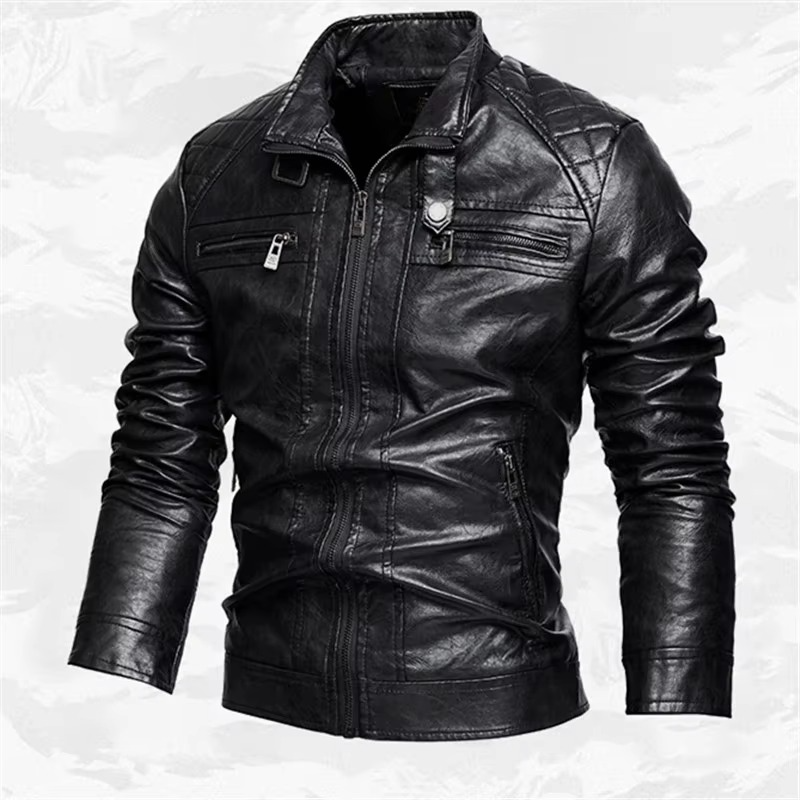 Veste Moto Cuir PU Vintage Pour Hommes Col Debout Biker Style Pour Automne Hiver Chaude Et Durable