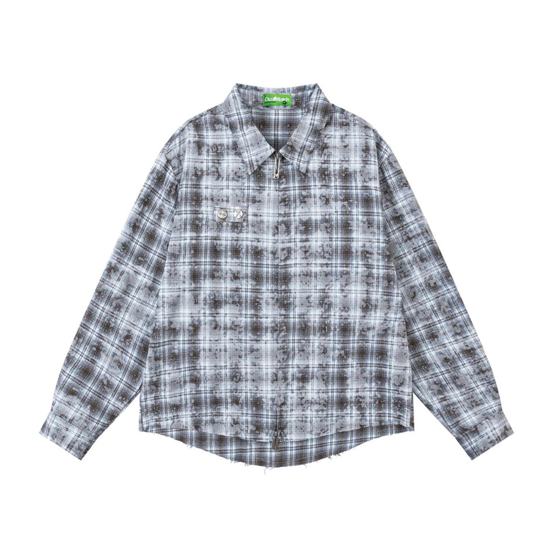 Chemise Oversize À Carreaux Bleu Noir Distress Avec Design Tie Dye En Mélange Coton Polyester Confort Style
