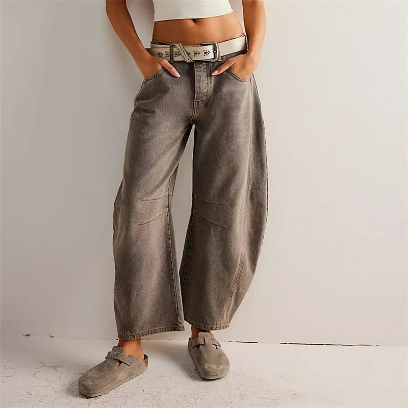 Amawinc Jeans Boho Baggy à Jambes Larges Denim Respirant et Élastique Confort Toute La Journée