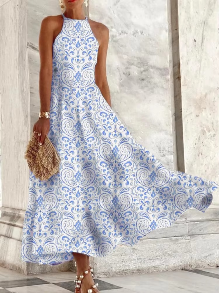 Robe Maxi Sans Manches Élégante Col Halter Été Pour Femme Respirante Et Confortable