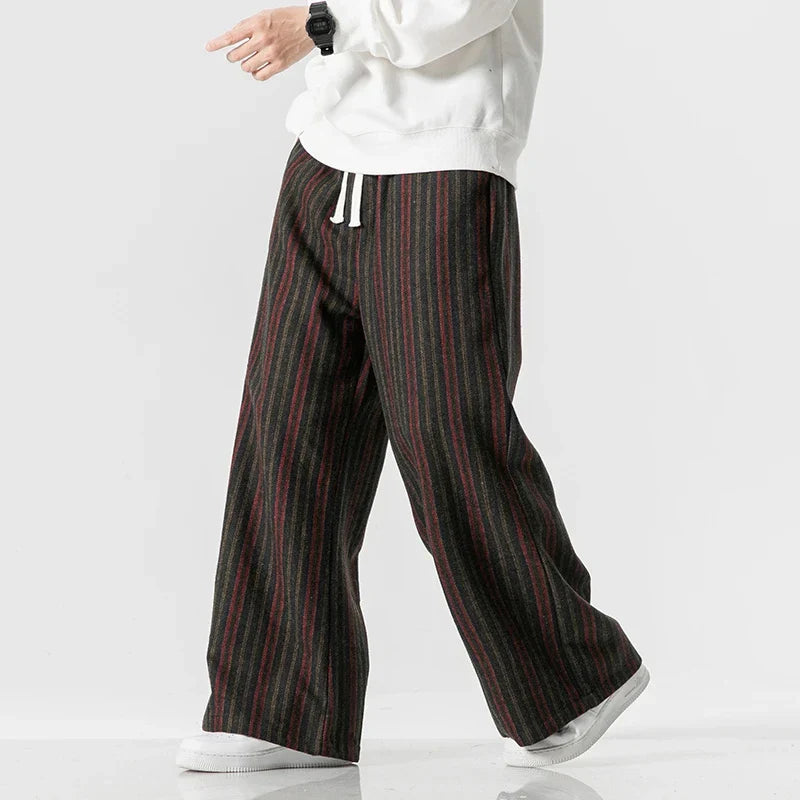 Pantalon Fuji Tissage Twill Oversize Inspiré Hakama Japonais À Rayures Fines Polyester Taille Élastique