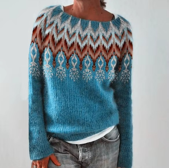 Pull Femme Bicolore Décontracté En Maille À Col Rond Manches Longues Pour Quotidien Chic Confortable