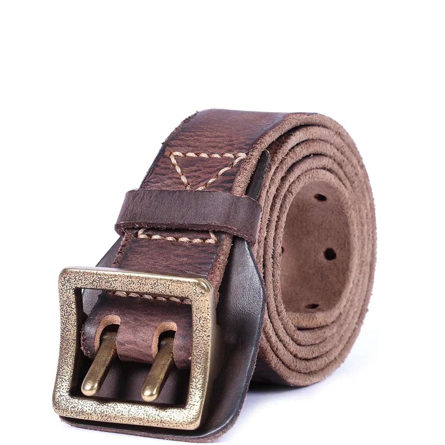 Ceinture Cuir Véritable Bravur Italie Plein Grain Boucle Cuivre Double Ardillon Bordée À La Main