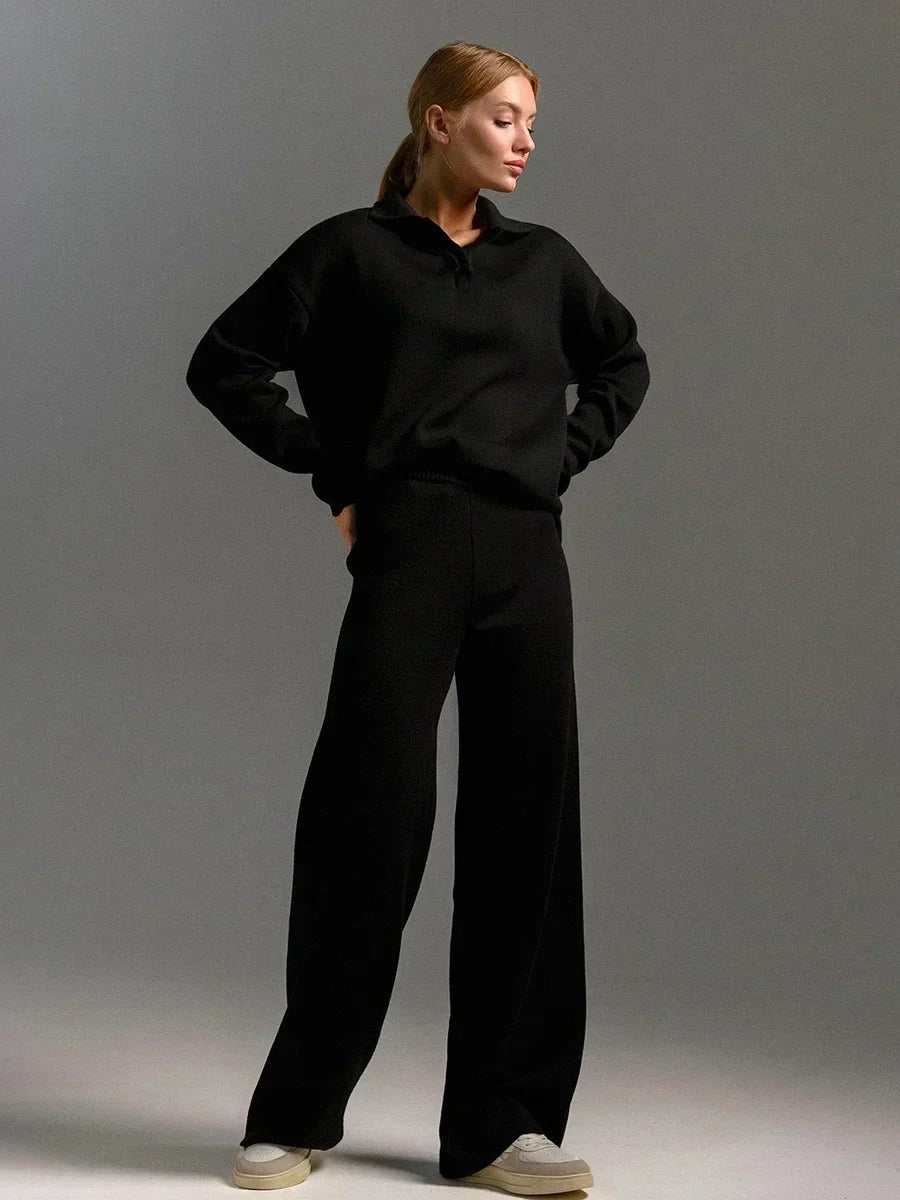 Ensemble Tricot Deux Pièces Femme Pull Col Polo Décontracté Et Pantalon Taille Haute À Jambe Large Nordisk Flair