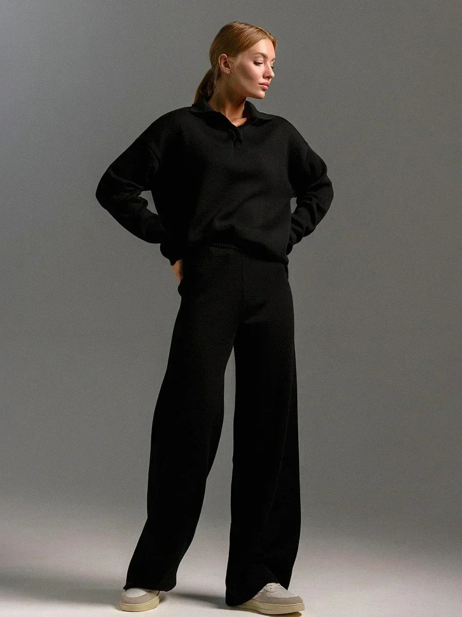 Ensemble Décontracté Deux Pièces Ivey En Maille Douce Col Polo Mélange Polyester Viscose Avec Taille Élastique