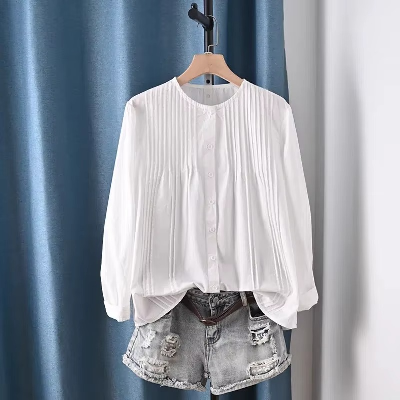 Blouse Plissée En Coton À Manches Longues Pour Femme Cent Pour Cent Coton Noir Ou Blanc