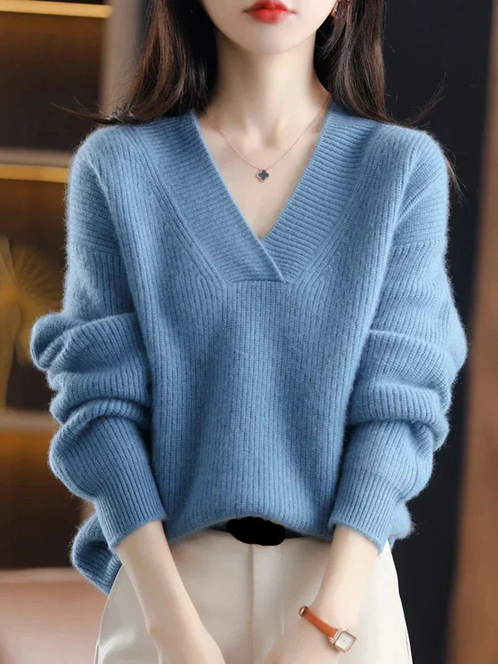 Pull Femme En Maille Douce Col V Décontracté Bordures Côtelées Nordisk Flair Confort